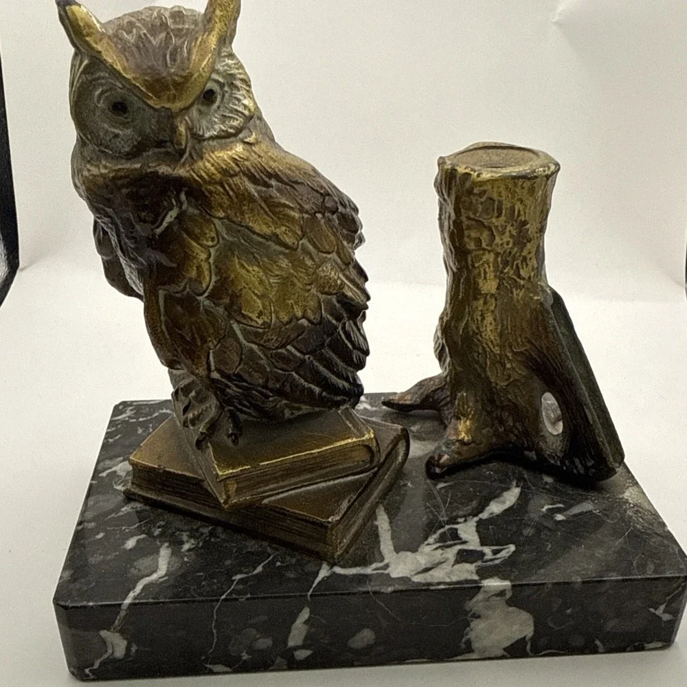 Antique Vienna Cold Painted Bronze Marble Owl Table Lighter Bergman Style